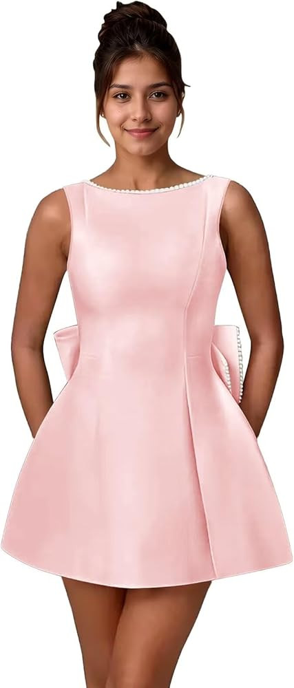 Satin Pearl Homecoming Dresses with Bow 2025 Short Wedding Mini Prom Party Dress for Teens | Amazon (US)