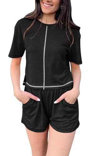 Women Lounge Sets Casual Sweatsuits Pajama Sets Summer Two Piece Outfits Short Sleeve Top And Shorts Tracksuit Black X-Large | Amazon (US)
