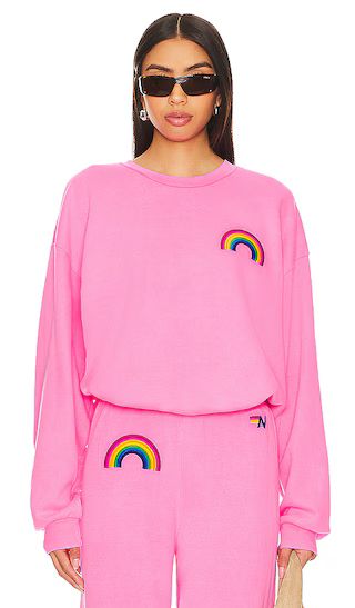 Rainbow Embroidery Crew Neck Sweatshirt in Neon Pink | Revolve Clothing (Global)