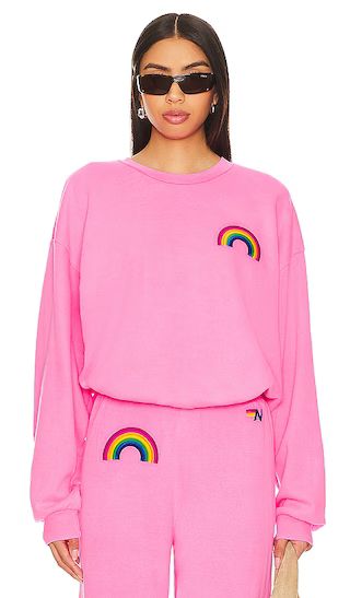 Rainbow Embroidery Crew Neck Sweatshirt in Neon Pink | Revolve Clothing (Global)