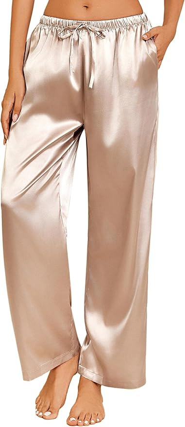 Ekouaer Womens Silk Satin Pajama Pants Casual Loose Lounge Pants Drawstring Elastic Waist Wide Le... | Amazon (US)