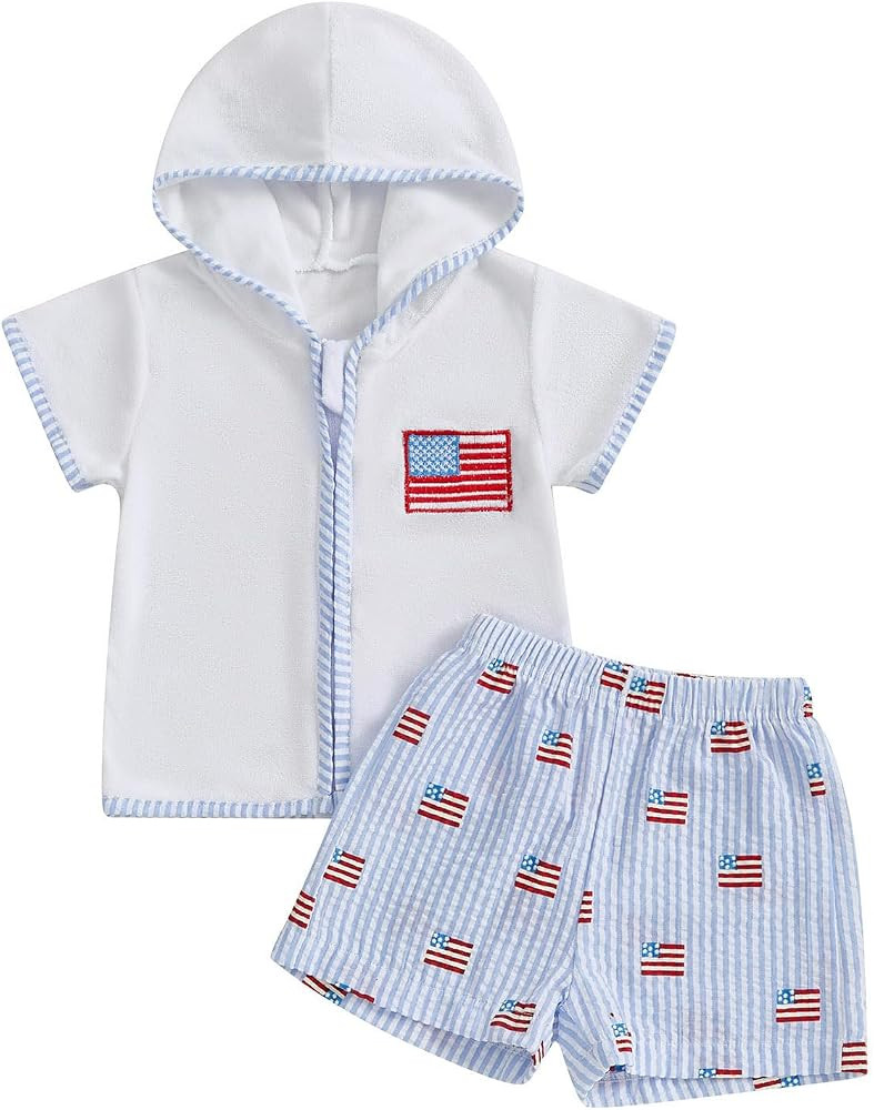 Toddler Baby Boy Girl Swim Cover Up Towel Terry Zipper Hooded Tops Seersucker Gingham Shorts Set ... | Amazon (US)
