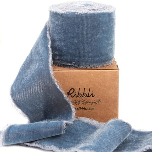 Ribbli Dusty Blue Velvet Ribbon 2 Inch Handmade Frayed Vintage Christmas Ribbon for Gift Wrapping Christmas Tree Ornament Wreath Craft Home Decor -3 Yards | Amazon (US)