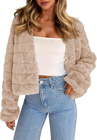 Fisoew Womens Cropped Faux Fur Jackets Long Sleeve Open Front Fluffy Short Coats | Amazon (US)