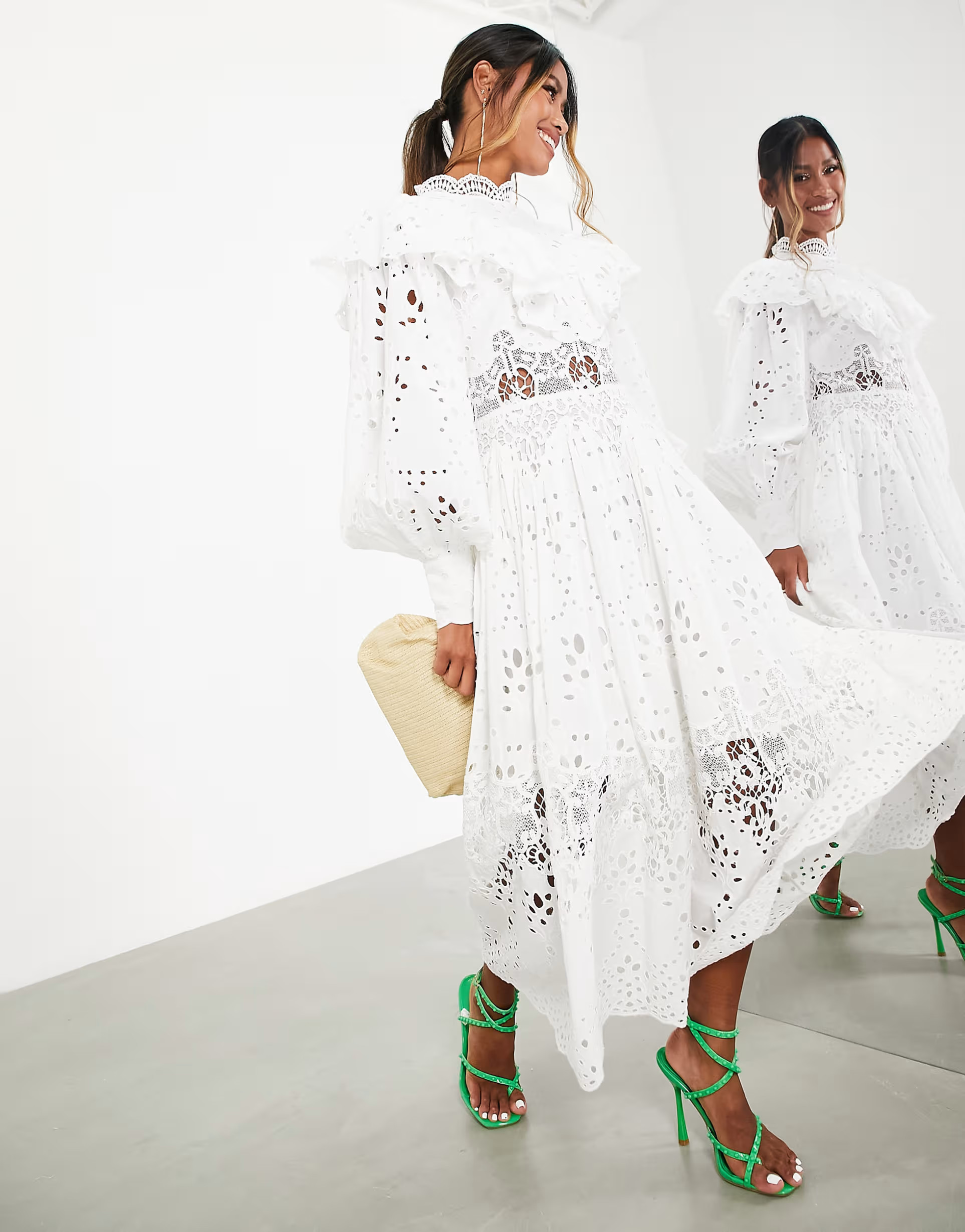 ASOS EDITION eyelet midi dress with ruffle detail in white | ASOS (Global)