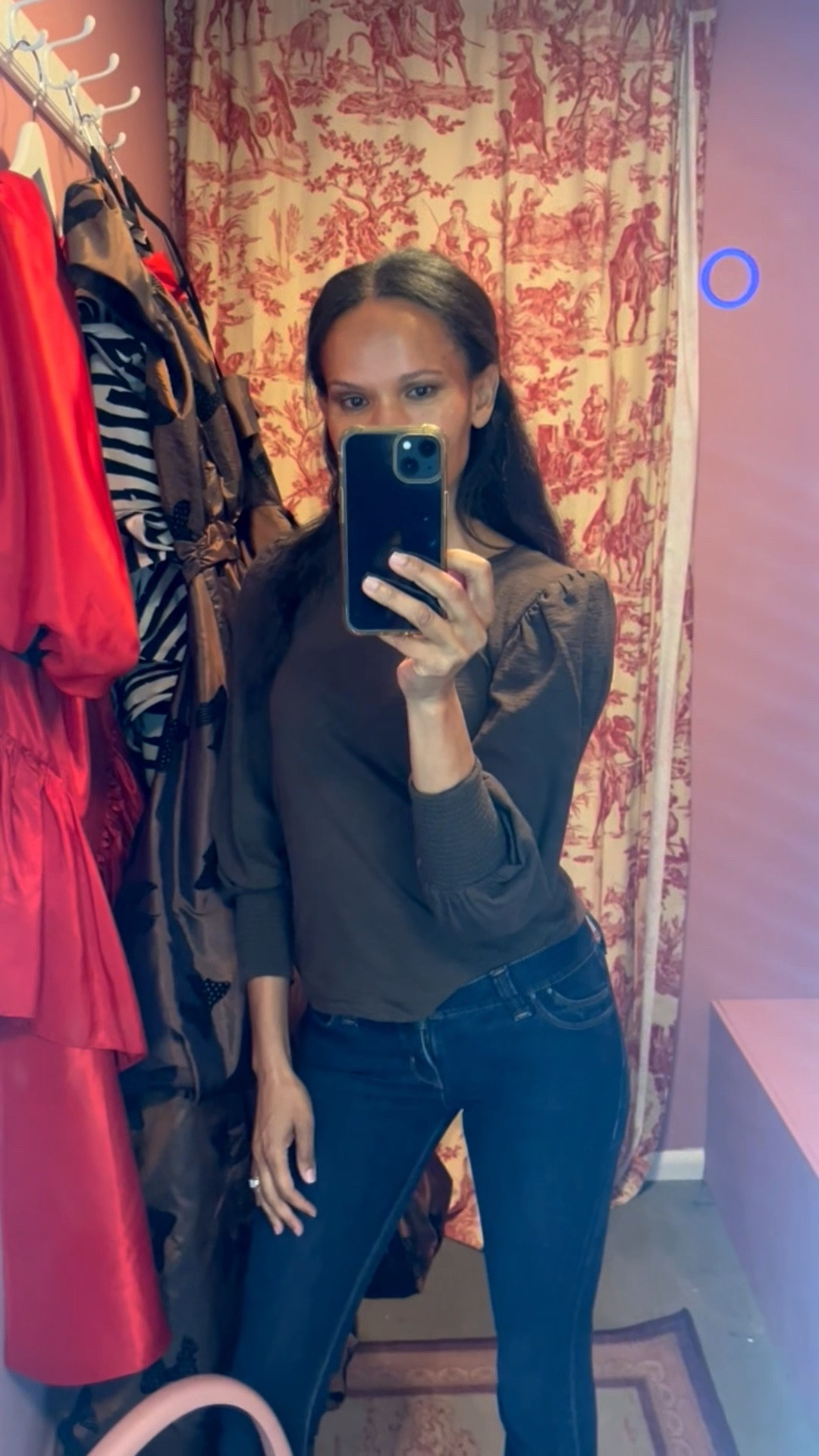 This is the look I wore into the dressing room before trying on all these pretty dresses. My favorite Nation Los Angeles Loren Tee. I have one in cream too but this espresso brown feels very of the moment. I’m wearing my go-to dark denim bootcut jeans from DL 1961. I reach for these whenever I want to be casual but with just a little extra polish. — espresso brown top, brown long sleeve tee, puff shoulder top, dark denim jeans, bootcut jeans, casual chic, peasant top 

#LTKStyleTip #LTKSeasonal