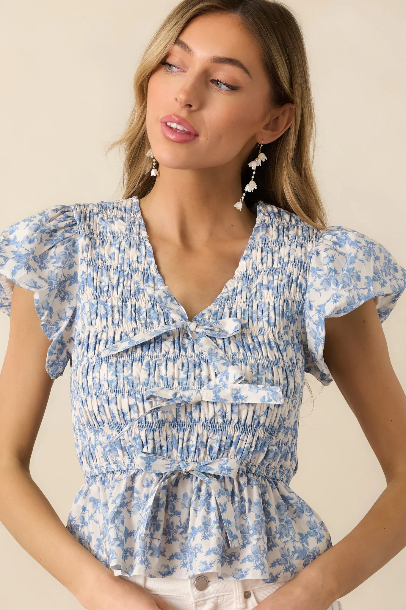 Wildflower Valley Light Blue Floral Cotton Puff Sleeve Top | Red Dress