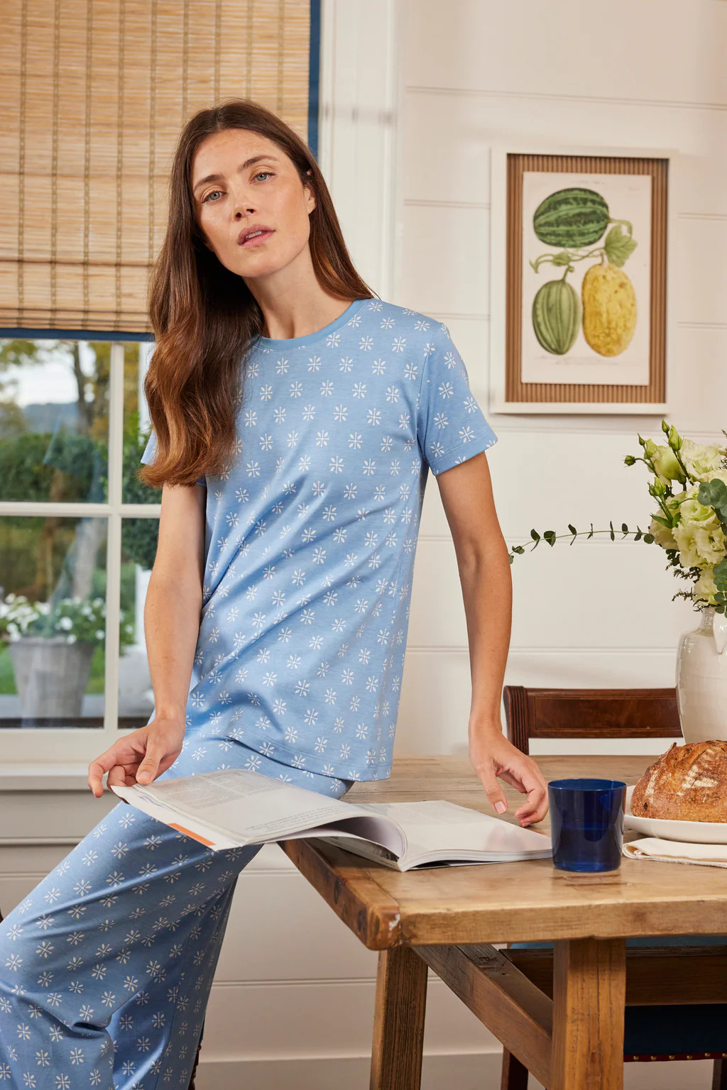Pima Crew Short-Long Set in Serene Blue Moroccan Blockprint | Lake Pajamas
