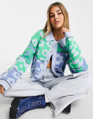 ASOS DESIGN cardigan with collar in mixed floral and check pattern in blue | ASOS (Global)