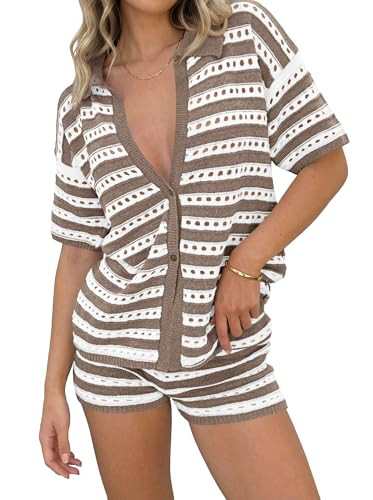 Saodimallsu Womens Crochet Swimsuit Coverup Summer 2 Piece Outfits Striped Knit Short Sleeve Butt... | Amazon (US)