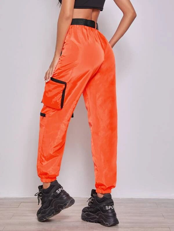 SHEIN Coolane Neon Orange Zipper Patch Pocket Push Buckle Belted Wind Joggers | SHEIN