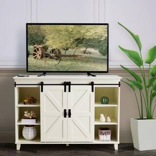 GOOD & GRACIOUS 47.75 in. White TV Stand Cabinet Sideboard with Sliding Barn Doors Fits TV's Up t... | The Home Depot