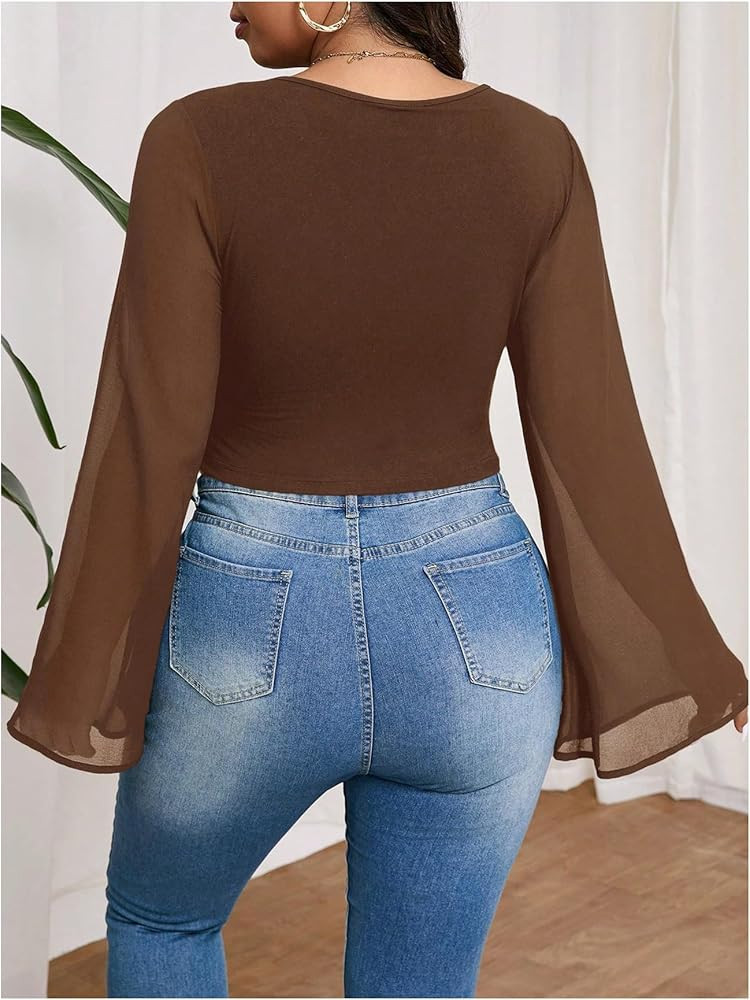 MakeMeChic Women's Plus Size Crop Top Bell Sleeve Tops V Neck Wrap Blouse Party T Shirts | Amazon (US)