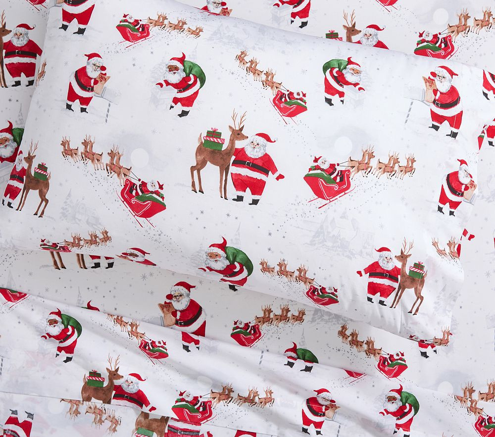 Organic Heritage Santa Sheet Set , Queen , White/black Santa | Pottery Barn Kids