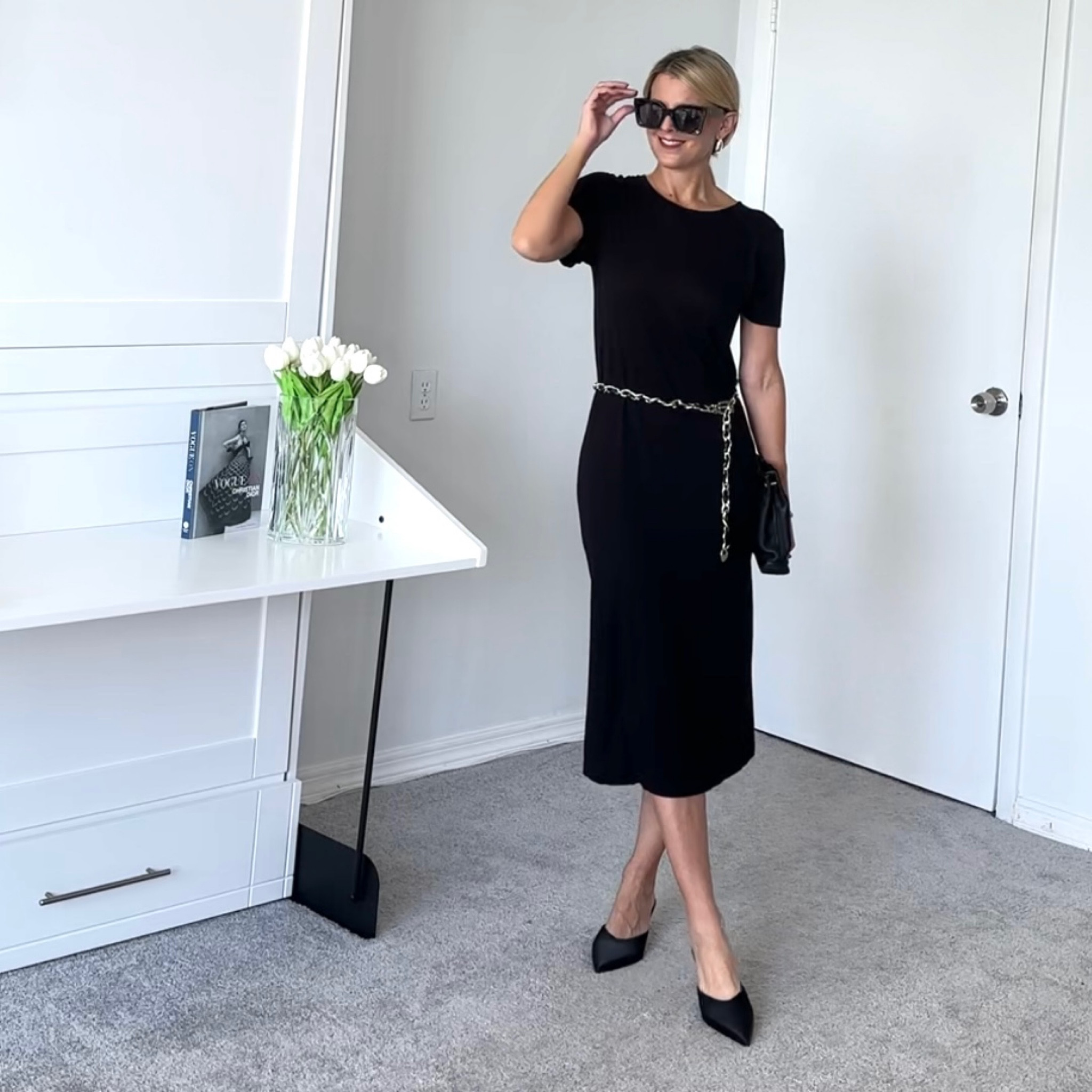 T-shirt dress with a chain belt and mule heels. 

Dress is true to size 

#LTKSeasonal #LTKunder50 #LTKFind