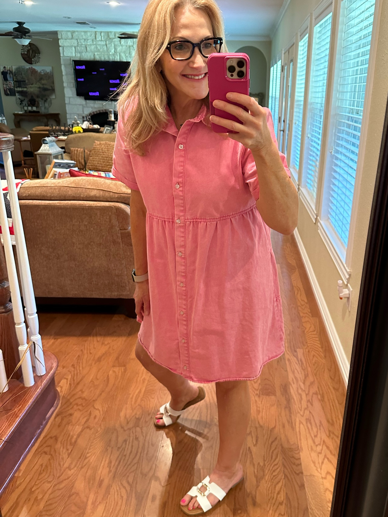 Are you looking for the cutest denim dress in pink or many other colors? This one might be for you!🌸It can be dressed up or down.  I would say it mostly is true to size but I sized up to large for a bit of extra length. I’m 5’9” and the large fits me really well.Here I paired it with my favorite white sandals fitting true to size 11 from Walmart.  I love dresses in the spring and summer because it’s one and done with your outfit. I also paired it with boots and sneakers and all of them looked fabulous… so what I’m saying is you should definitely check out my links for this super versatile dress!!! Message me if you have questions✌️

#LTKfindsunder50 #LTKshoecrush #LTKmidsize