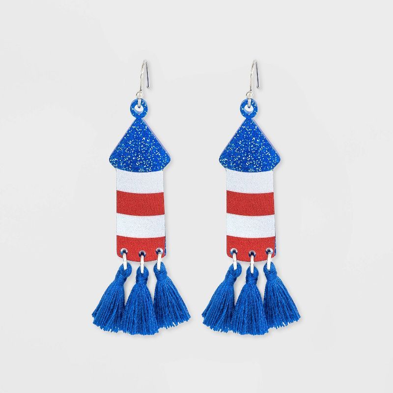 Americana Glitter Rocket with Tassel Drop Earrings - Red/Blue/White | Target