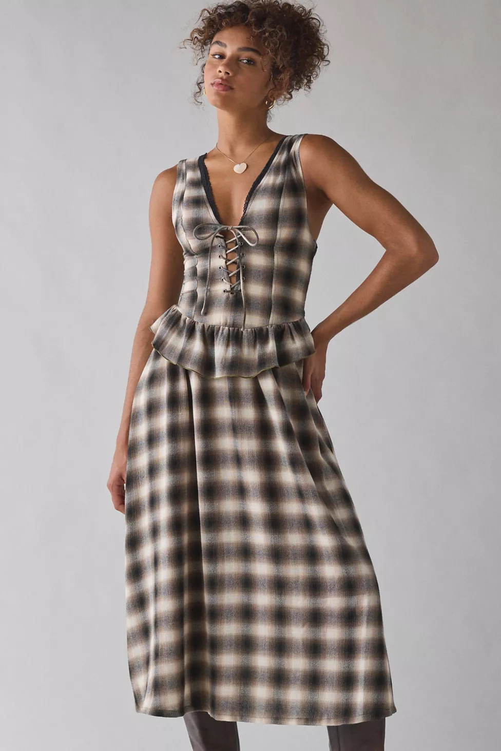 UO Perfectly Plaid Lace-Up Ruffle Midi Dress | Urban Outfitters (US and RoW)
