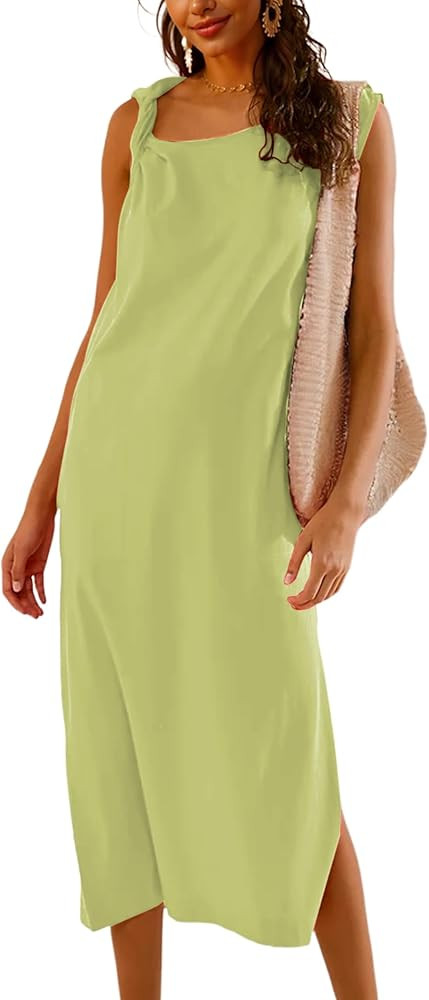 Womens Summer Boat Neck Twist Cap Sleeve Casual Sundress Side Split Midi Tshirt Dress with Pocket... | Amazon (US)