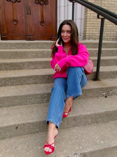 Pink quarter zip sweater / L (size up one for a little extra room) 
Red heels / TTS
Curve love denim / 29 regular 