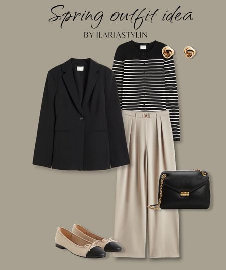 SPRING OUTFIT IDEA 🍨🖤 | fashion inspo, transitional outfit, spring outfit, spring fashion, spring style, outfit idea, outfit inspo, classic outfit, chic outfit, chic ootd, black blazer, oversized blazer, striped cardigan, black cardigan, beige pants, wide leg pants, dress pants, ballet flats, beige flats, flat shoes, black bag, shoulder bag, handbag, h&m, style inspo, women fashion

#LTKSeasonal #LTKstyletip #LTKworkwear