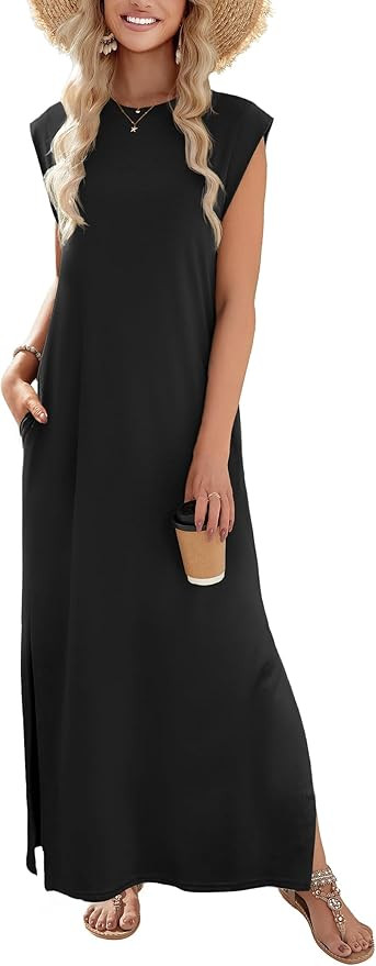 Zeagoo Summer Dresses for Women 2026 Black Long Maxi Sundresses Loose Split Wrinkle-Free Beach Tr... | Amazon (US)