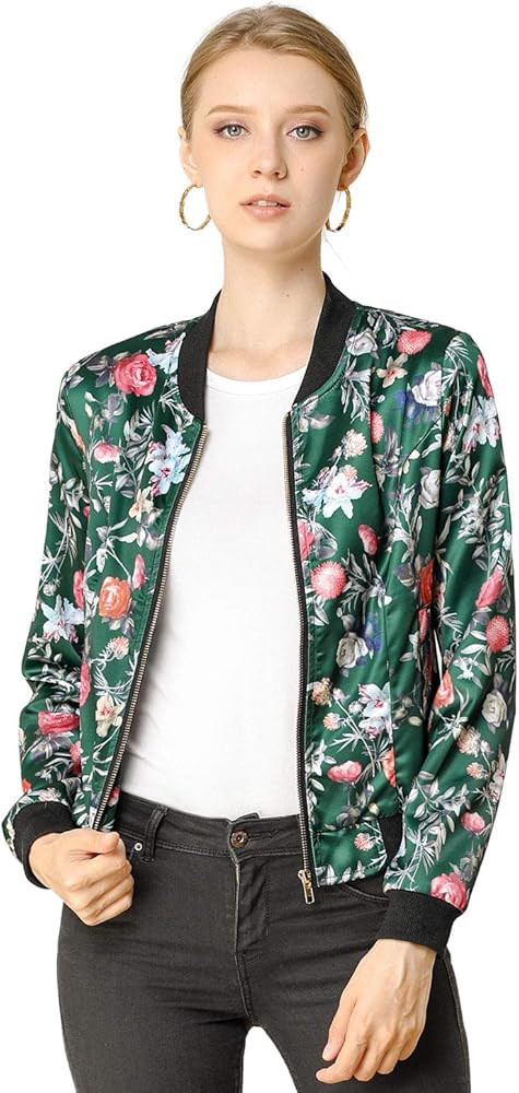 Allegra K Women's Winter Bomber Jacket Long Sleeve Stand Collar Zipper Floral Print Jacket with P... | Amazon (US)