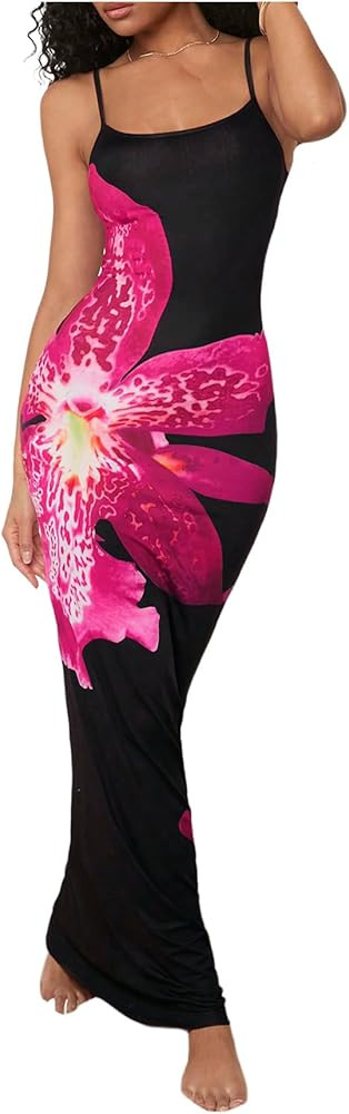 WDIRARA Women's Floral Print Bodycon Maxi Dress Sleeveless Spaghetti Strap Cami Dresses | Amazon (US)