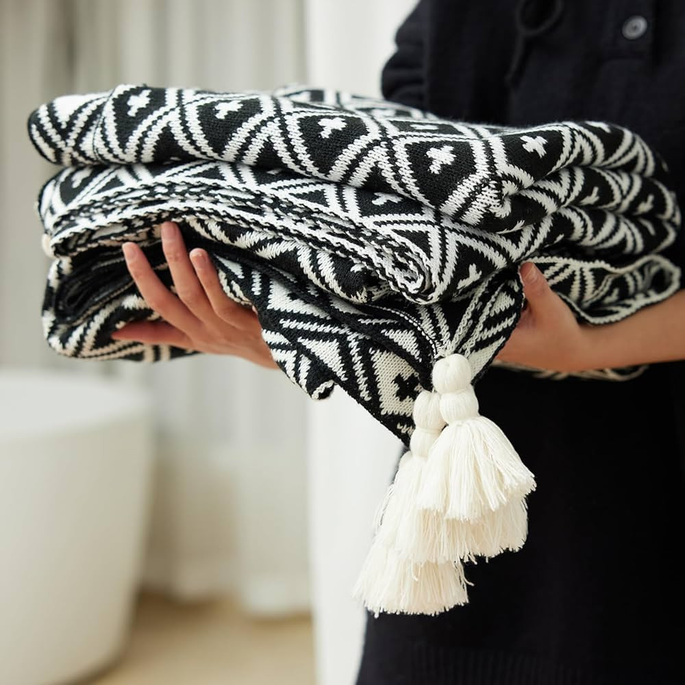 Black and White Throw Blankets, Decorative Knitted Patterned Blanket with Tassel, Lightweight Sof... | Amazon (US)