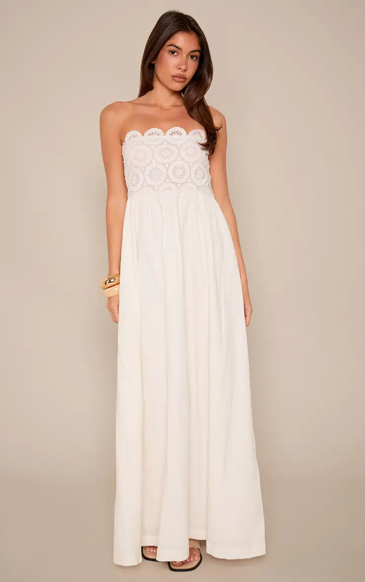 White Embroidery Detail Bandeau Maxi Dress | PrettyLittleThing US