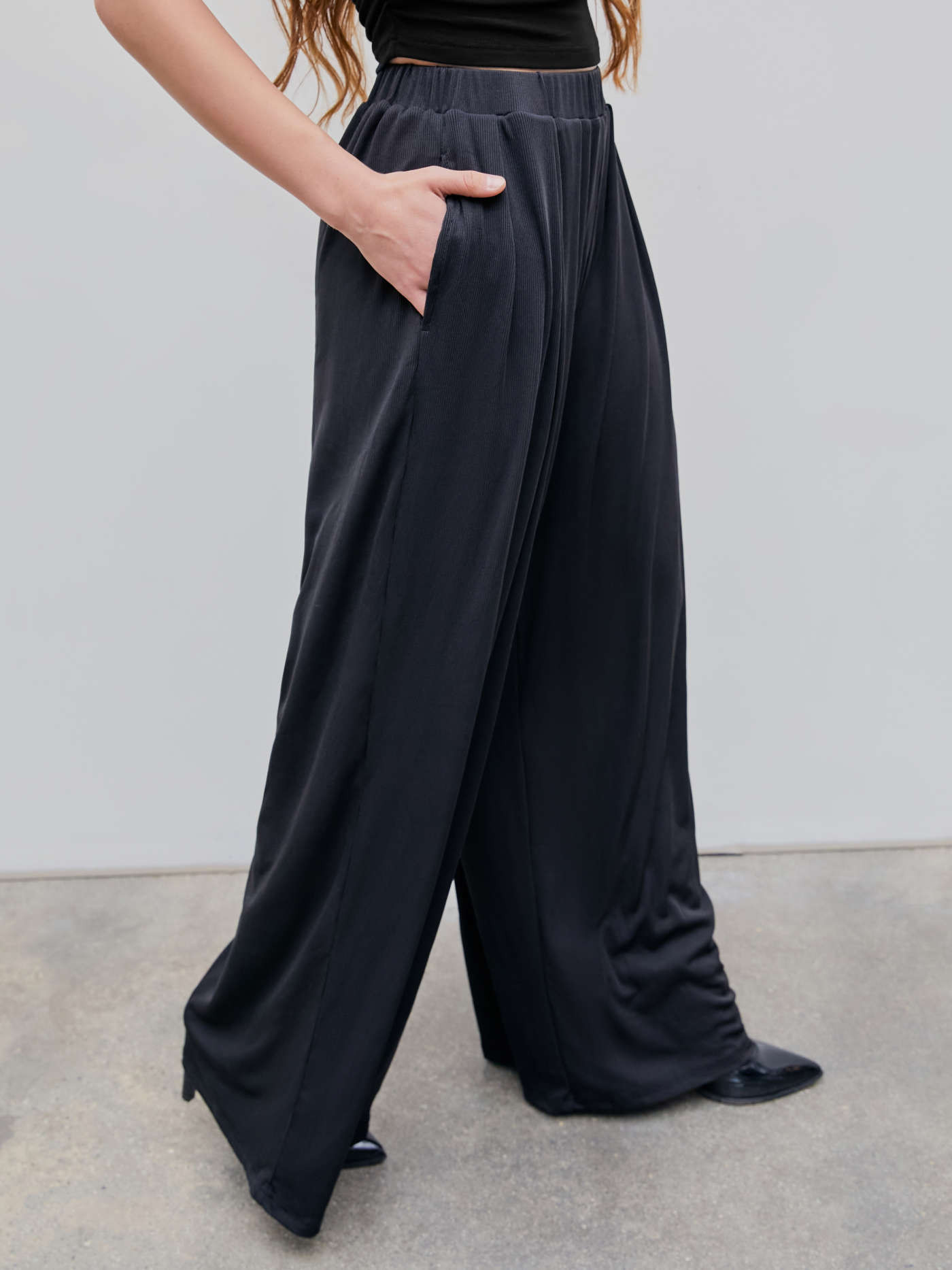 Solid Elastic Waist Wide Leg Pants | Cider
