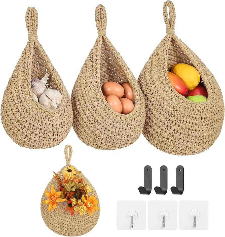 Boho Wall Hanging Fruit Baskets for Kitchen 3 Pack Woven Produce Holder with 6 Pcs Strong Hooks V... | Amazon (US)