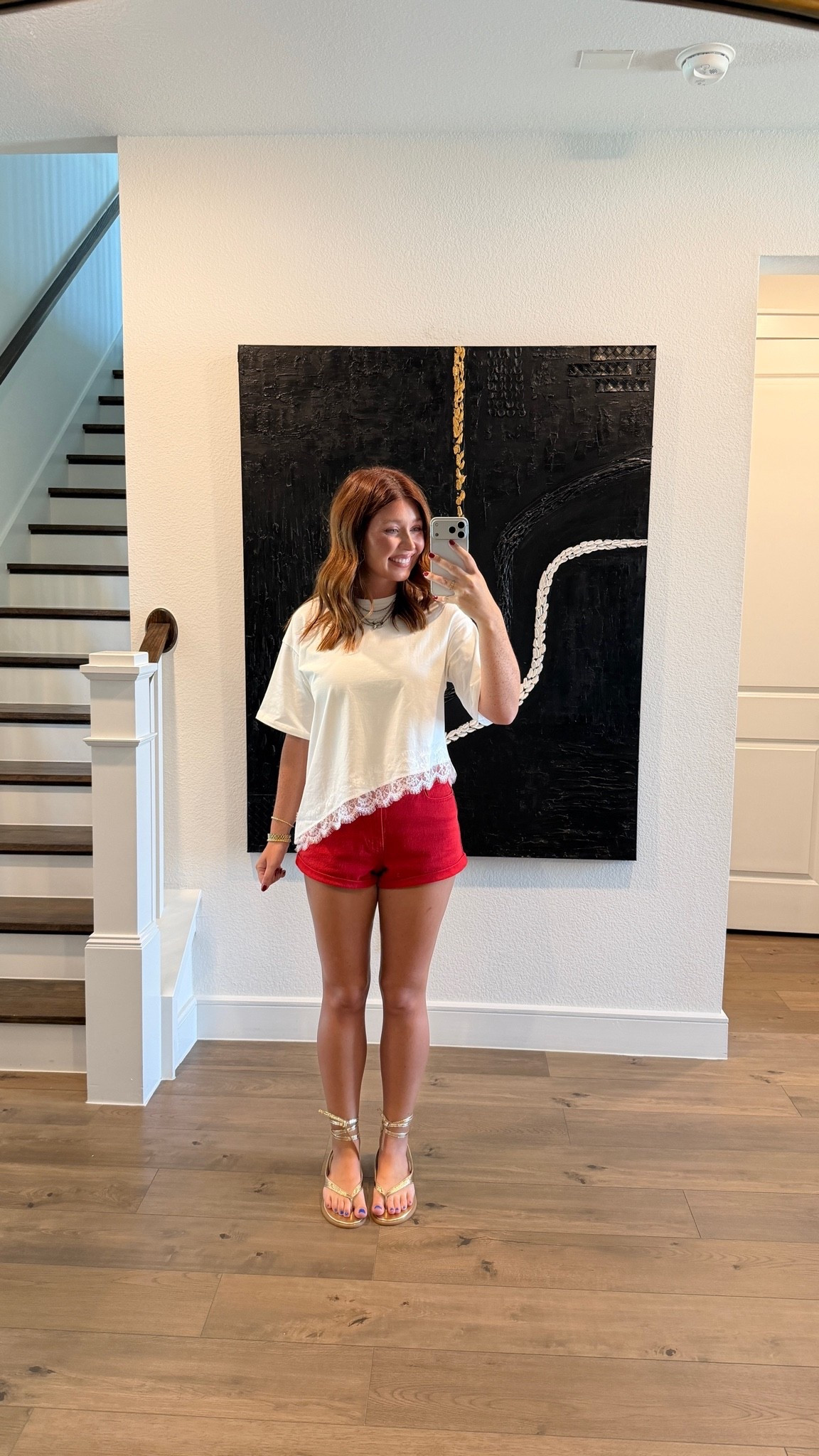 casual #ootd wearing my new cotton tee that’s so freaking cute (size small), @abercrombie red shorts (size 28) and wrap sandals + lots of jewelry. Shorts are currently 40% off

#LTKootd #LTKSaleAlert