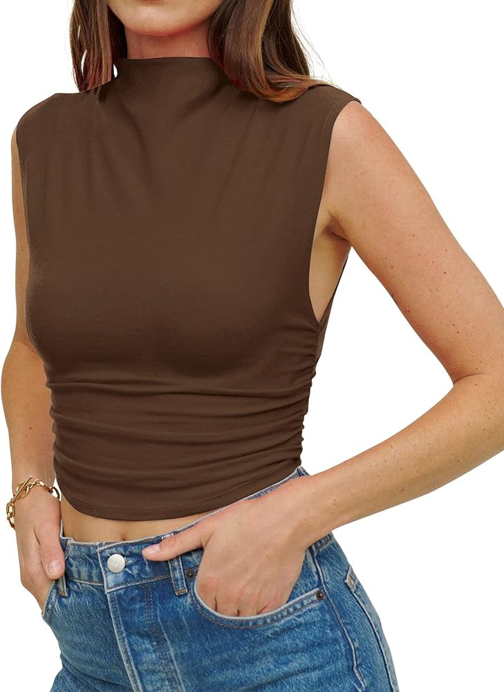 KAMISSY Women Workout Mock Neck Ruched Crop Tank Top Casual Turtleneck Sleeveless Slim Fitted Cro... | Amazon (US)