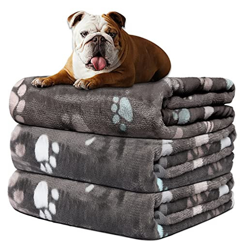 Rezutan Dog Blankets for Medium Dogs, Upgraded 3 Pack Dog Cat Blanket Washable, Soft Pet Mat Throw Cover Suitable for Kennel Crate Bed, Cute Paw Pattern, 30"x20", Grey | Amazon (US)