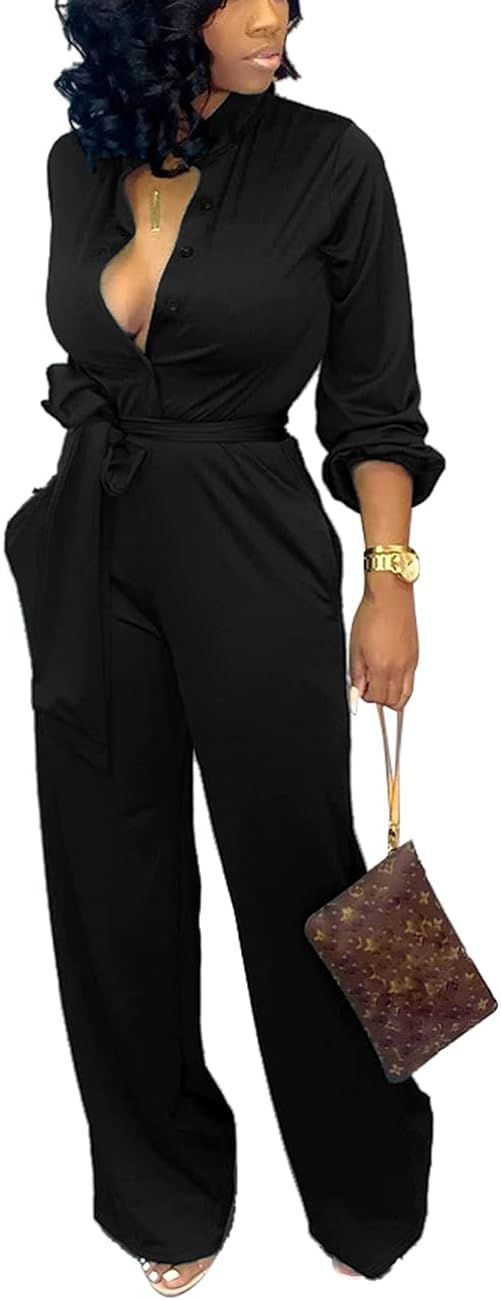 Women's Sexy Jumpsuits Elegant Long Sleeve Straight Long Pants Clubwear Rompers with Pockets | Amazon (US)