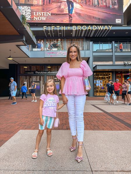 Downtown Nashville outfits for the Barbie x Kendra Scott party. Mommy and me Barbie outfits. Wearing size small in top. 

White denim translucent heels good American target toddler outfit Janie and jack fifth and broad Nashville Tennessee

#LTKtravel #LTKkids #LTKshoecrush