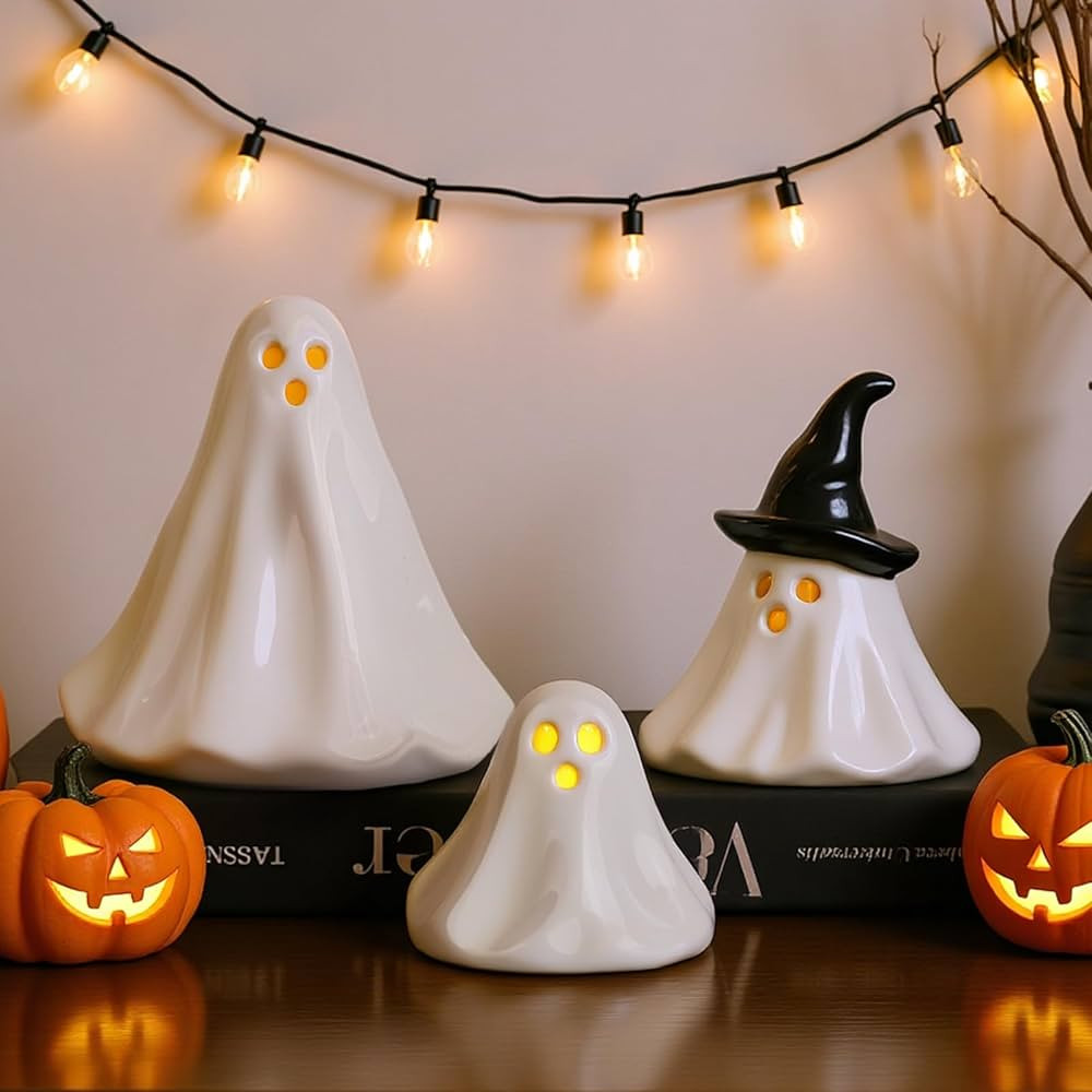 Halloween Ghost Decorations Indoor: Set of 3 Light Up Ceramic Ghost Decor, Cute Halloween Decor F... | Amazon (US)