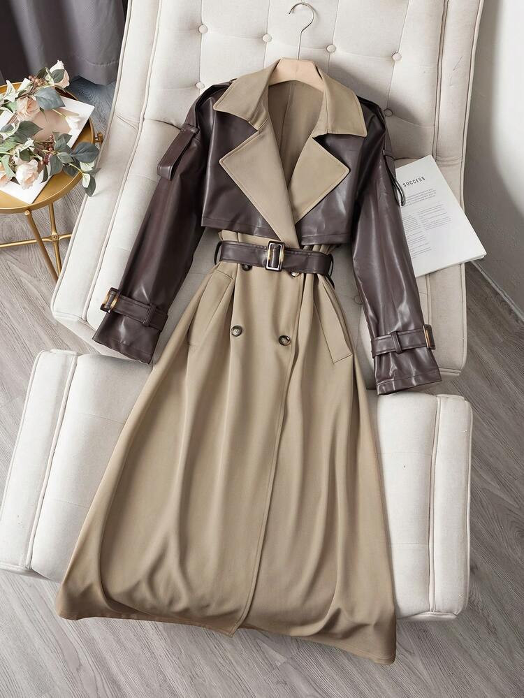 Women's Colorblock Double-Breasted Trench Coat With Contrast Pockets And Belt | SHEIN
