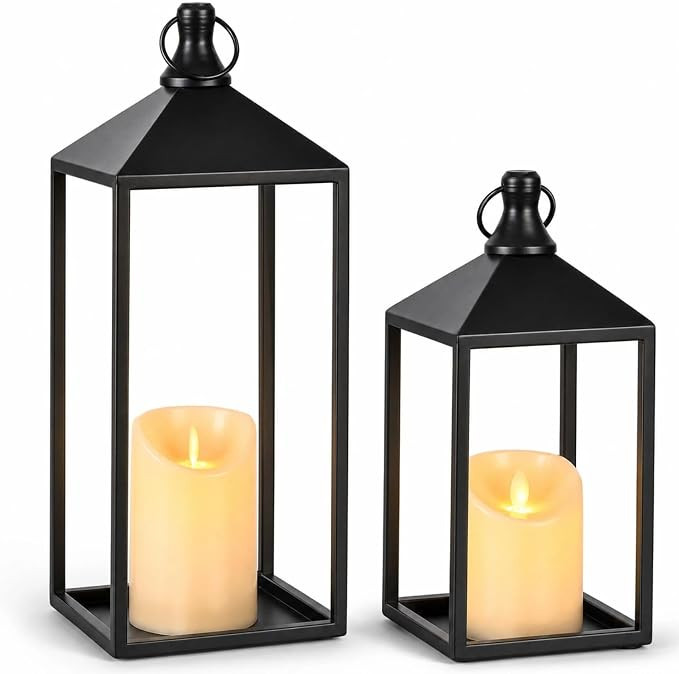 2 Pcs Black Decorative Metal Lanterns Farmhouse Lantern Decor with Candles | Amazon (US)