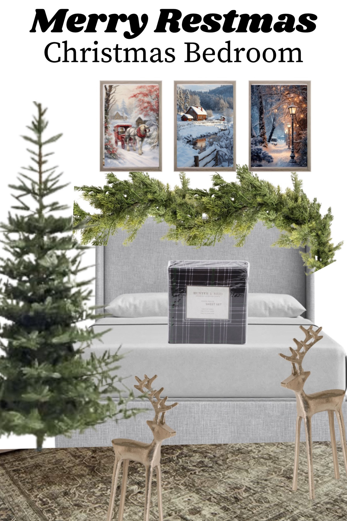 Merry Restmas! With the Holiday season being notoriously busy, it’s so important to slow down and remember the real meaning of Christmas. It’s also nice to just slow down in general and get the rest our bodies need to be productive and effective for ourselves, families, and loved ones.

This will be my first year creating a holiday primary room and so thrilled to snuggle in with these soft cozy plaid sheets. I’m layering my headboard with the viral cedar garland from Walmart and going to enjoy the Christmas twinkle with Home Depot’s Elegant fir tree!

I hope this holiday mood board puts you in a good mood😊

#LTKSeasonal #LTKHoliday #LTKHome