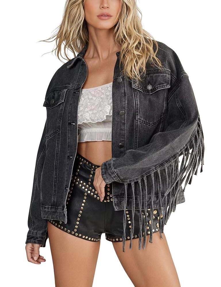 Omoone Women's Oversized Denim Fringed Jacket Tassel Jean Jackets Fall Outfits 2025 with Pockets | Amazon (US)
