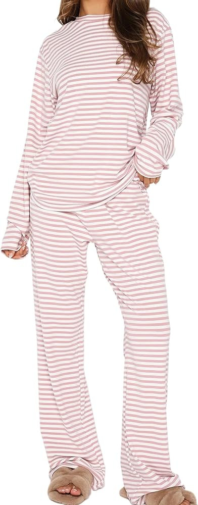 Ythomm Striped Pajamas Womens 2 Piece Sets Long Sleeve Tee Shirts Drawstring Wide Leg Pants Match... | Amazon (US)