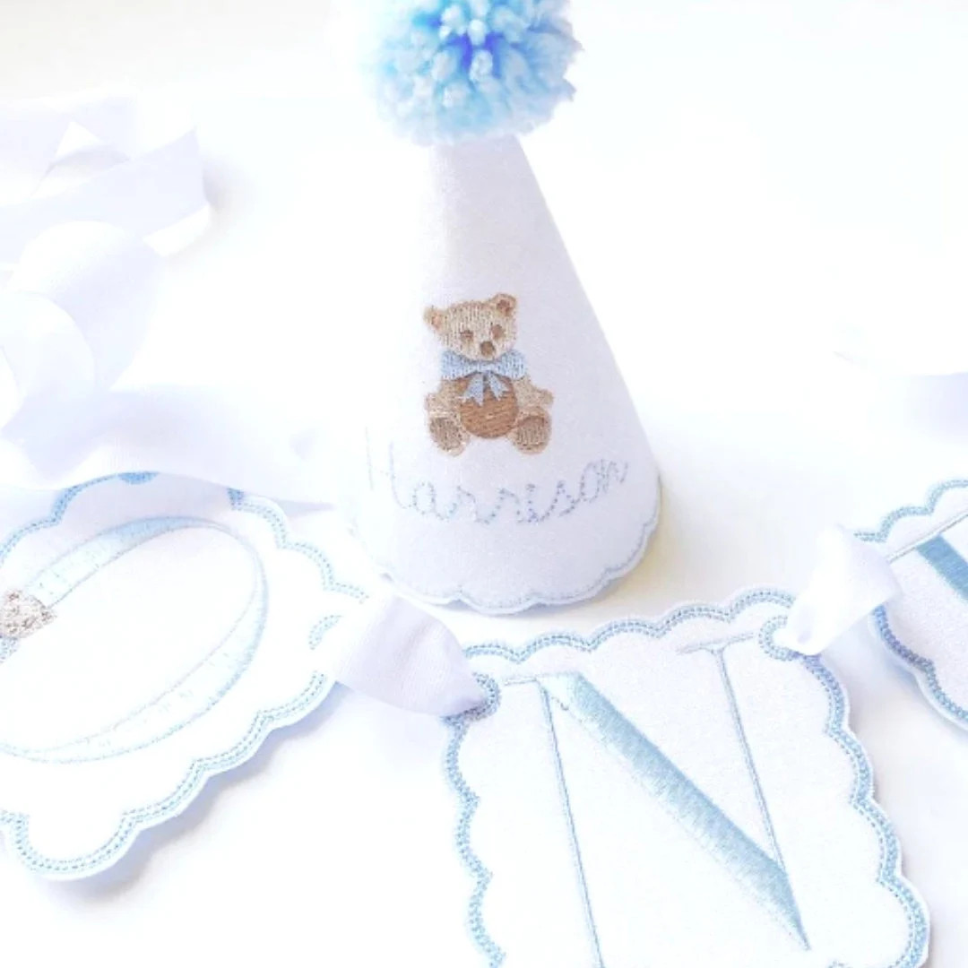 Storybook Bear Blue Keepsake 2 pc Party Set I Teddy Bear Birthday Party Hat and Highchair Banner ... | Etsy (US)