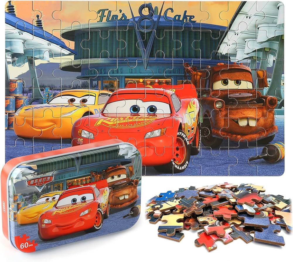 LELEMON Disney Car Jigsaw Puzzles in a Metal Box 60 Pieces Lightning McQueen Jigsaw Puzzle for Ki... | Amazon (US)