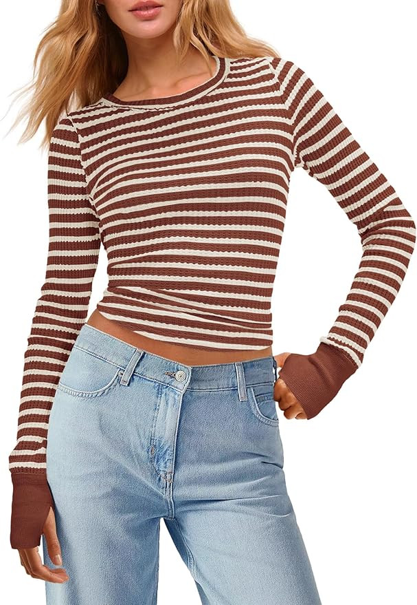 Panadila Womens Striped Long Sleeve Shirts Crewneck Waffle Knit Tops Casual Fitted T Shirts Fall ... | Amazon (US)