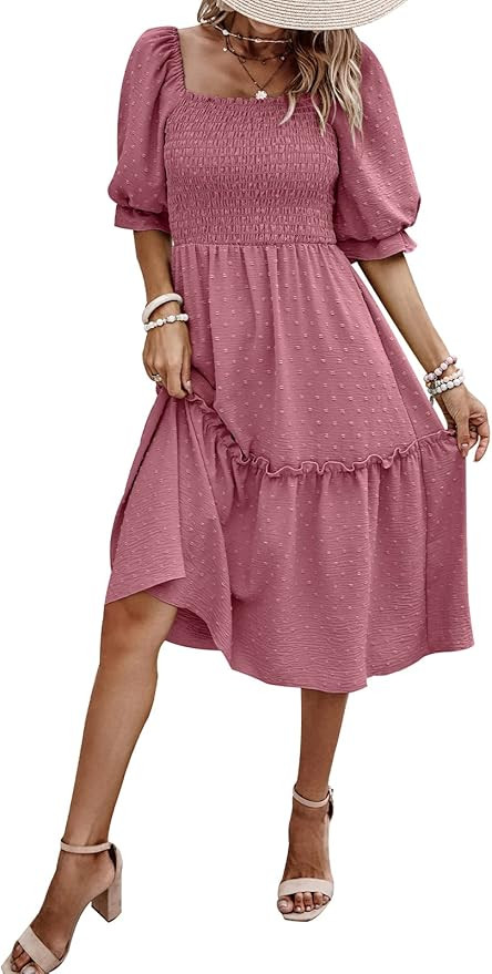 PRETTYGARDEN Women's Summer Casual Dresses 2026 Spring Puff Sleeve Square Neck A Line Flowy Boho ... | Amazon (US)