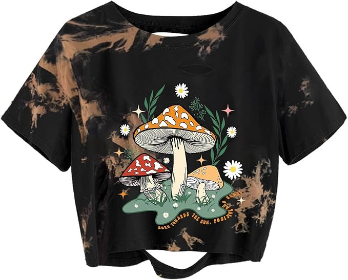 Avanova Vintage Mushroom Graphic Cropped Tee Shirts Short Sleeve Crop Tops Distressed Ripped T-Sh... | Amazon (US)