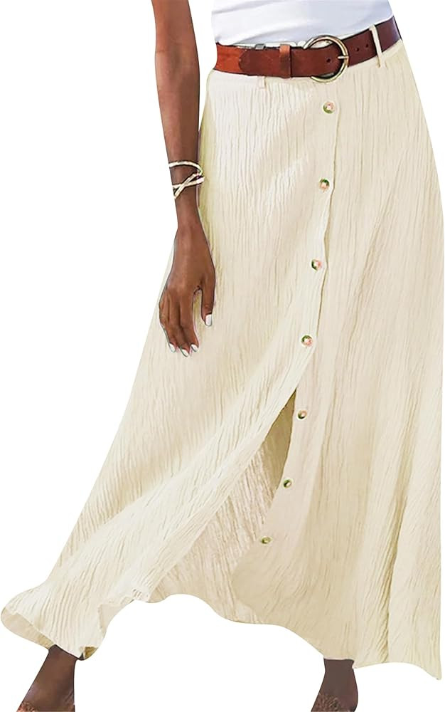 YMING Womens Button Front Flowy Maxi Skirt A Line Cotton Linen Skirts Casual Pleated Long Skirt | Amazon (US)