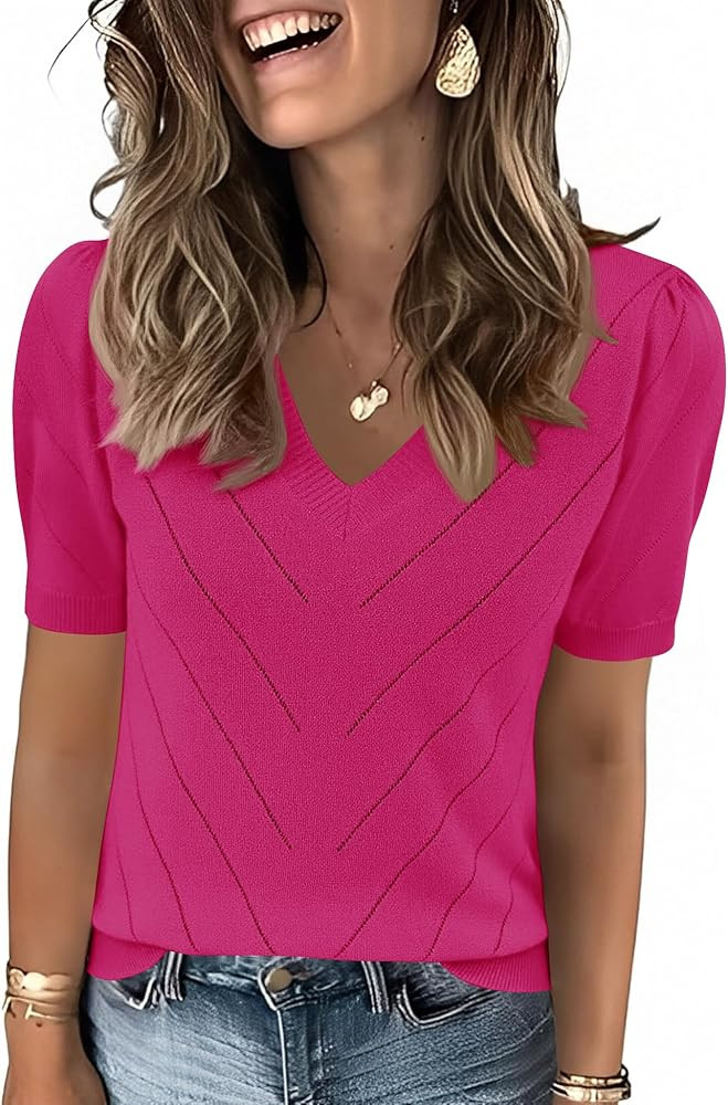 LOMON Womens Sweaters Puff Short Sleeve Lightweight Knit Summer Fall Tops Dressy V-Neck Work Blou... | Amazon (US)